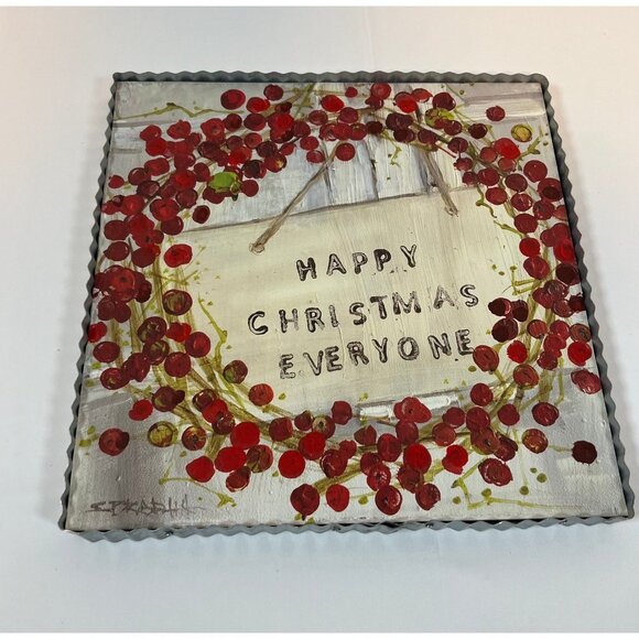 Other - CHRISTMAS SIGN "HAPPY CHRISTMAS EVERYONE" DECOR METAL EDGE BERRY ACCENT 12x12